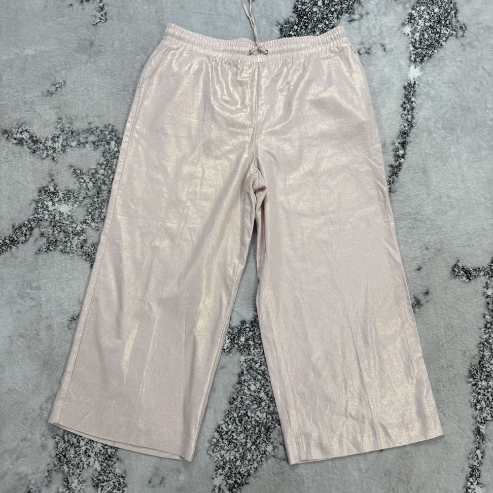 Anne Klein Linen Blend Womens Sz L Pink Metallic‎ Cropped Wide Leg Pull On Pants